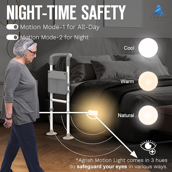 Agrish Bed Rails for Elderly Adults Safety, Bed Rails for Seniors with Motion Lights & Storage Pouch, Adjustable Bed Assist Rail for Surgery Patients - Medical Bed Rail