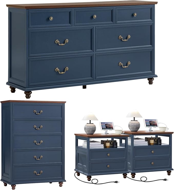 24" Wide Farmhouse Nightstand with Charging Station Set of 2,54" 7 Drawers Dresser, 45" Tall Rustic Chests of 5 Drawers, Farmhouse Furniture Series for Bedroom,DarkBlue