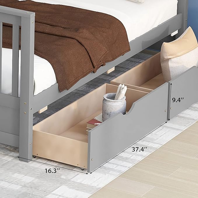 Merax Wood Bunk Bed with Drawers,Convertible Wood Bunk Bed with Ladders and Two Storage Drawers,Solid Wood Detachable Bed Frame with Ladders,Twin Over Full Size,Grey
