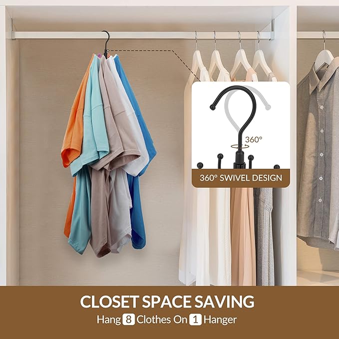 ZEDODIER Space Saving Hangers for Clothes,Rotatable Sturdy Shirt Hangers with 8 Hooks, Non Slip Multiple Shirt Organizer for T-Shirts Sweatshirts Hoodies, Black