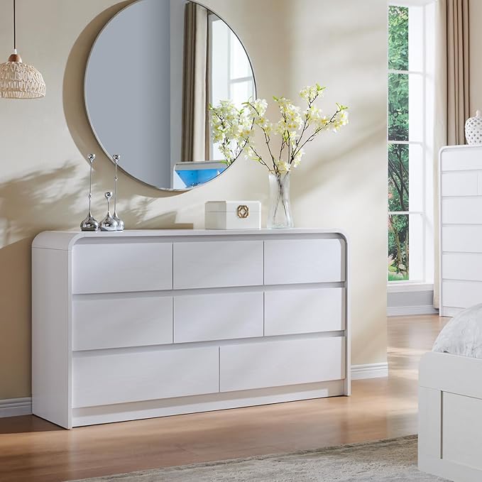 Modern 8 Drawers Dresser for Bedroom, 55" Wide Dressers & Chest of Drawers w/Curved Profile Design, Wood Mid Century Storage Dressers Organizer for Bedroom, Living Room, White