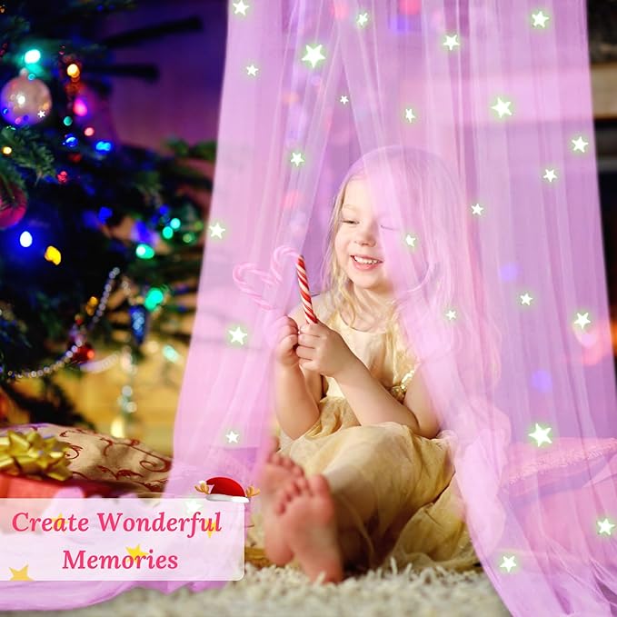 South to East Princess Bed Canopy for Girls with Glowing Stars, Pink Canopy for Girls Room, Bed Canopy Curtains from Ceiling for Twin Beds, Full Size Beds, Ideal Gift, Fire Retardant Fabric