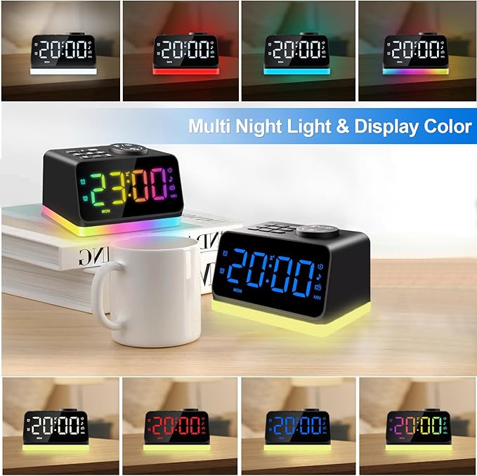 JALL Digital Alarm Clock with FM Radio for Bedroom, 8 Colors Night Light with 2 Charging Port, Sleep Sound Machines with Timer, Dual Alarm, Loud Alarm and Easy to Use for Seniors and Kids as Gift