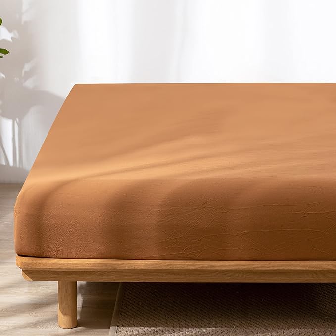 MooMee Fitted Bottom Sheet Only 100% Washed Cotton Linen Like Textured Breathable Durable Soft Comfy Deep Pocket Fits Mattress up to 17" (Dark Orange, Twin)