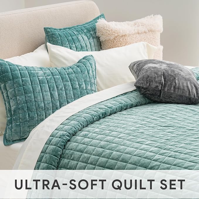 RECYCO Luxury Velvet Quilt Set Full Queen Size, Lightweight Velvet Comforter Set, Oversized Bedspread Coverlet Quilted Bedding Set, with 2 Matching Pillow Shams, for All Season, Aqua Green