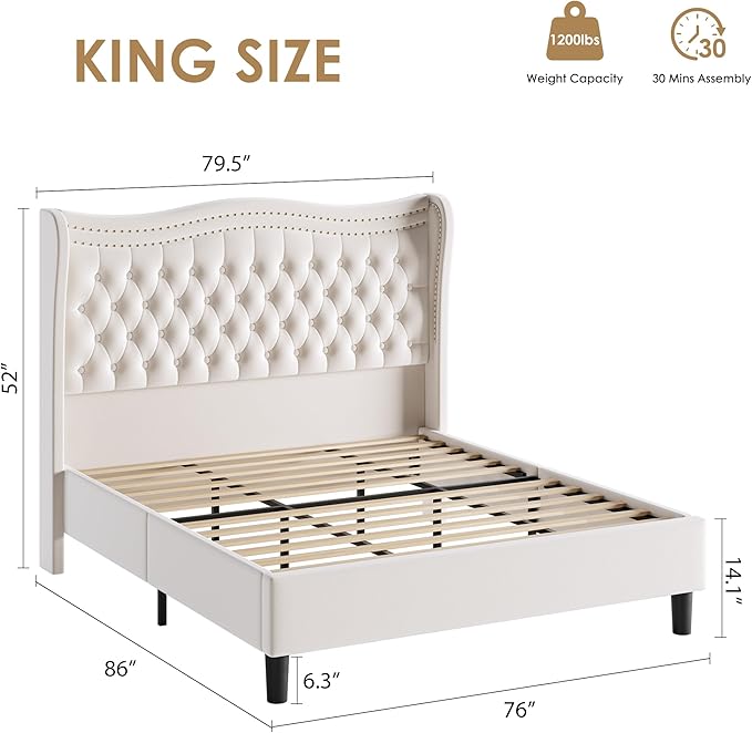 Upholstered King Size Bed Frame with Tall Headboard, Velvet Wingback Platform Bed Frame with Deep Button Tufted, No Box Spring Needed, Noise Free, Beige