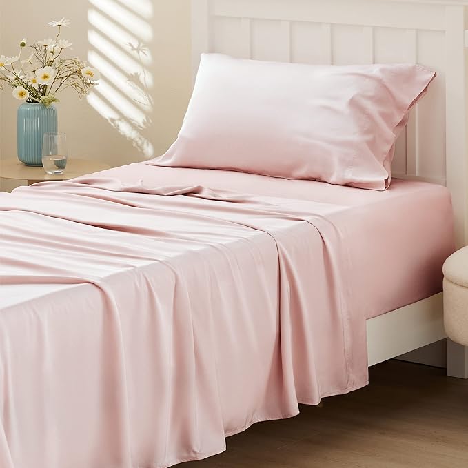 Bedsure Cooling Sheets Twin, Rayon Derived from Bamboo, Breathable & Soft Twin Sheets Set, Deep Pocket Up to 16 Inches, Hotel Luxury Silky Bedding for Hot Sleepers, Pink