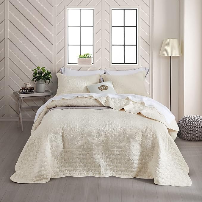 CHIXIN Bedspread Coverlet Quilt Set Full Size - Lightweight Bedding Cover - Ultrasonic Quilting - 5 Piece Reversible Bedspread - Elegant Damask Paisley Pattern (Full, Ivory)