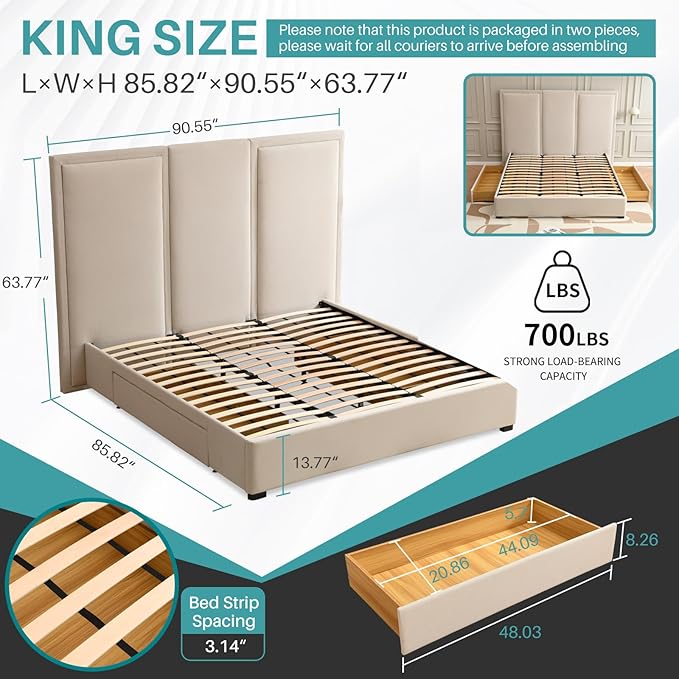 YUHUASHI King Size Bed Frame with 64-inch High Headboard, Simple and Airy Linen Upholstered Platform Bed with Storage Drawers, Wood Slat, No Noise (Beige, King)