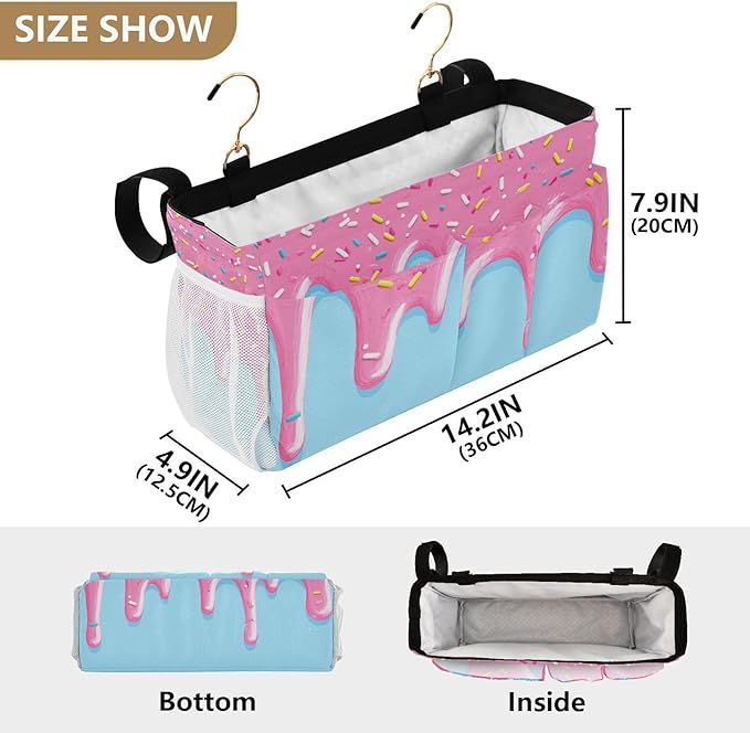 Bedside Caddy Hanging Bunk Bed Caddy Bed Organizer Hanging Pocket with 2 Hooks Bedside Storage Organizer Pocket Bag Holder Cartoon Dripping Frosting