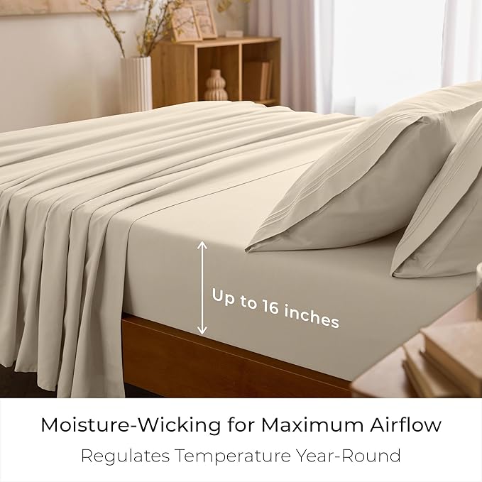 Mellanni Twin XL Sheet Set - 4-Piece Iconic Collection Bedding, (Including 2 Pillowcases), 16-Inch Deep Pocket, Easy Care, Extra Soft, Cooling Sheets, Brushed Microfiber - Beige