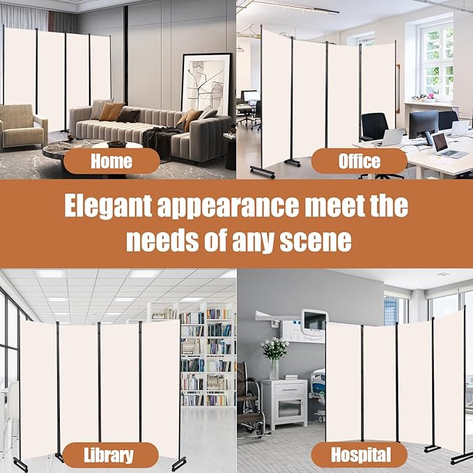 Room Divider Folding Privacy Screens with Wheels, 6FT Tall Divider for Room Separation, Movable Room Partitons and Dividers, Indoor Room Dividers Panel with Fabric (Beige, 4 Panel-88‘’-Wheels)