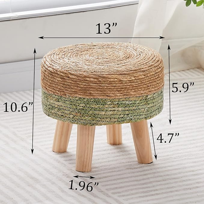 Wimarsbon Round Foot Stool Natural Seagrass Poufs Ottoman Hand Weave Footrest Stool for Couch Desk Extra Seat Step Stool with Solid Wood Legs for Hallway Patio Lounge Green