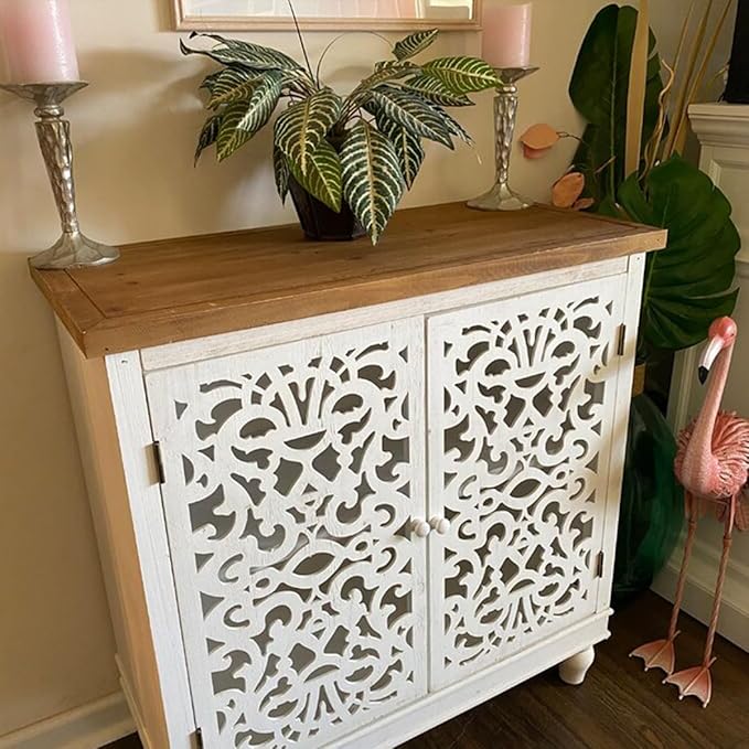 PHI VILLA White Accent Cabinet with Doors, Farmhouse Buffet Sideboard Hollow Carved Small Cabinets