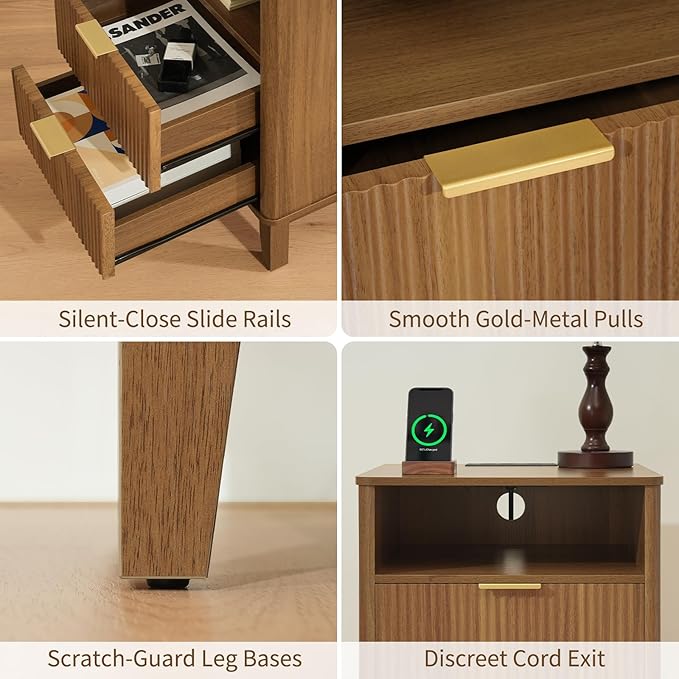 Night Stand with Charger Station, Fluted Nightstand with Drawers and Storage Shelf, Mid Century Modern Bedside Table Nightstands, Large Bed Side Table Wood Night Stands for Bedroom Living room