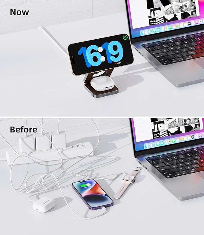 Foldable Magnetic Wireless Charger, KU XIU Aluminum Alloy 3 in 1 Charging Station for Apple, Fast Charging Travel Charger for iPhone 17 16 15 14 13, 5W for Apple Watch Ultra, AirPods, Leather Texture