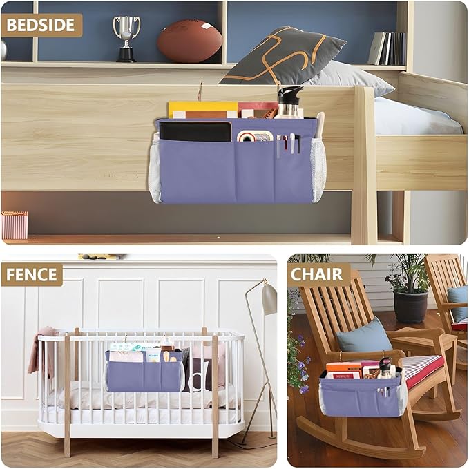 Purple Bedside Caddy Storage Bag Bedside Organizer for College Dorm Top Bunk Bed Hanging Storage Organizer 6 Pockets with Hooks for Book Glasses Phone Holder