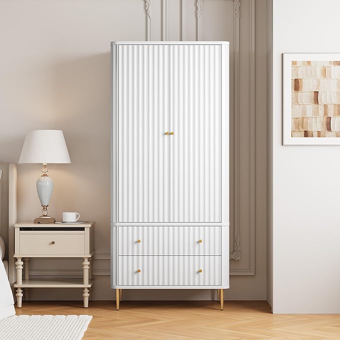 HLR 72" Modern Armoire Wardrobe Closet with Doors and Drawers, Bedroom Armoire Cabinet with Hanging Rod, Wooden Clothing Storage Cabinet,White
