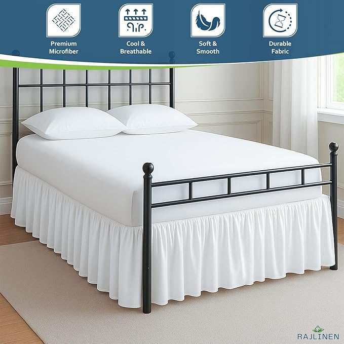 Rajlinen Ruffled Bed Skirt King, 8 Inch Drop Dust Ruffle with Split Corners, 100% Microfiber Bedskirt with Platform, Three-Sided Coverage Ruffled Gathering Design, White