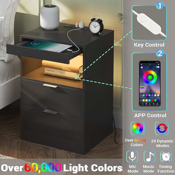 Tiptiper Black Nightstand with Wireless Charging Station and LED Lights, Bedside Table with 2 Drawers, Open Storage, 1 Pull-Out Tray, End Side Table with Charging Station, LED Night Stand with Storage