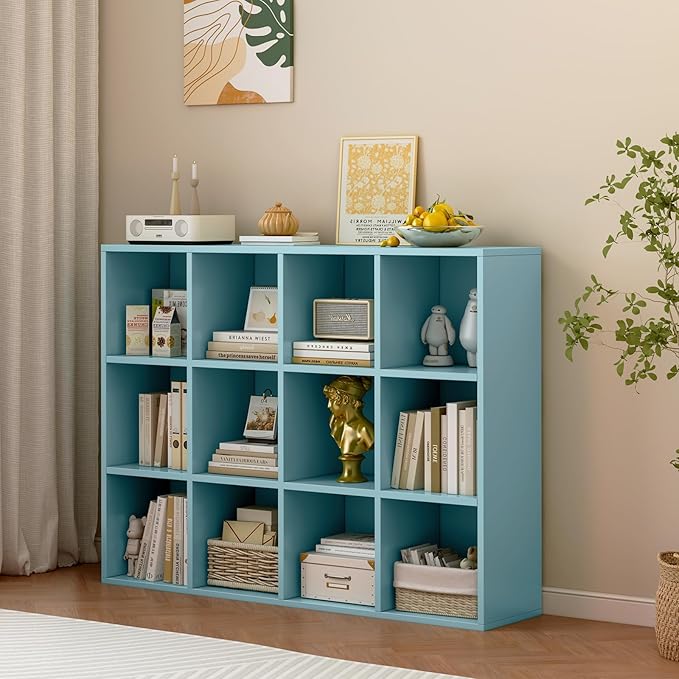 OSCHF 12-Cube Storage Shelf Bookcase - Wooden 3-Tier Floor Standing Open Bookshelf for Home and Office, Display Cabinet, Light Blue