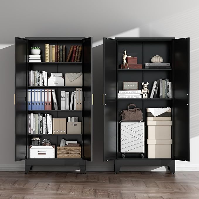 COFaR Black Farmhouse Storage Kitchen Pantry Cabinet with 2 Barn Door, 4 Adjustable Shelves and Legs, for Cupboard/Dining Room/Bathroom/Living Room/Office/Laundry Room (Black, 71" Farmhouse)