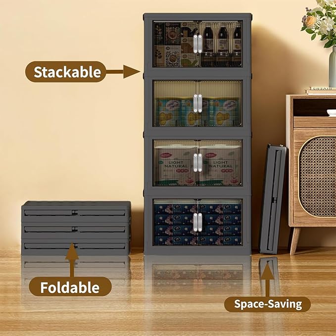 Stackable Storage Bins with Lid & Wheel, Folding Storage Cabinet with Door, Large Foldable Containers Plastic Collapsible Storage Boxes for Home, Pantry, Office (M, Gray 4-Tier)