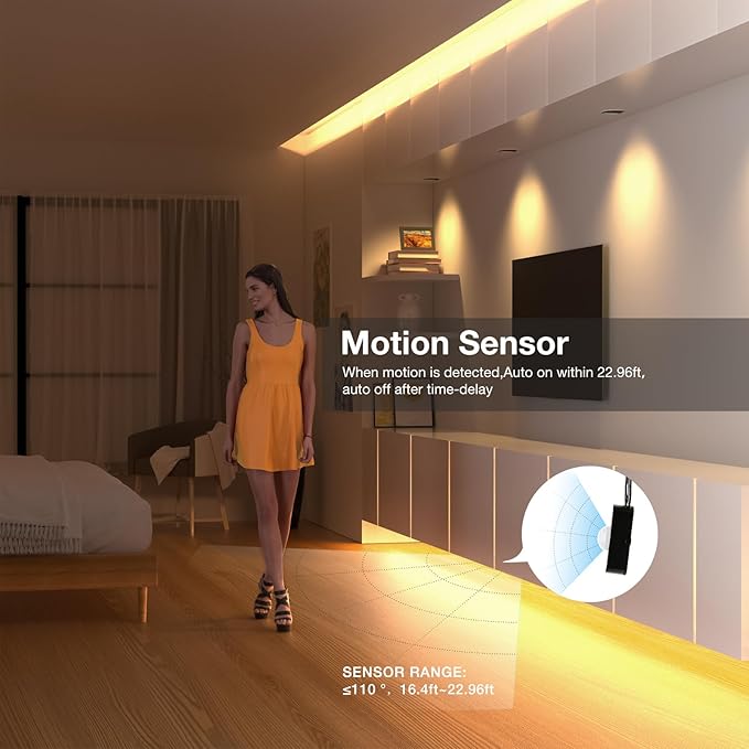 Sensky 19.7ft/6m Motion Activated LED Strip Light Kit Flexible LED Strip Motion Sensor for Bedroom, Gun Safe, Under Cabinet, Under Bed, Pantry, Kitchen, Stairway, Closet(Warm White 3000-3500K)