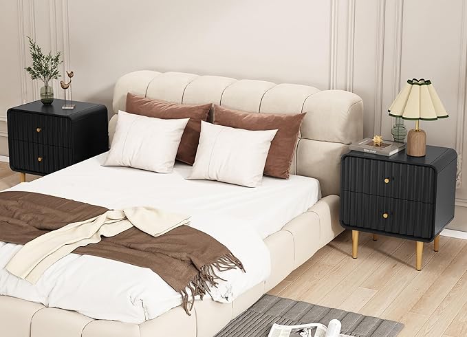 HLR Modern Nightstand Set of 2, Fluted Bed Side Table with 2 Drawers Storage, Wood End Table with Gold Metal Handle, Black Night Stands for Bedroom