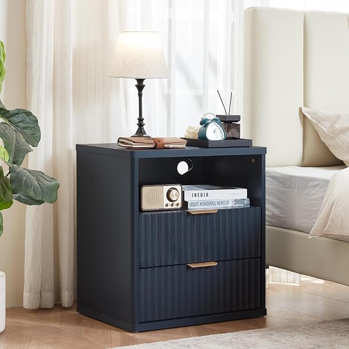 LEYAOYAO Fluted Nightstand with Charging Station, 23" Modern Night Stand with Woodgrain Top, 2 Drawers End Table w/Storage, Bedside Tables for Bedroom, Living Room, Curved Profile Design, Blue