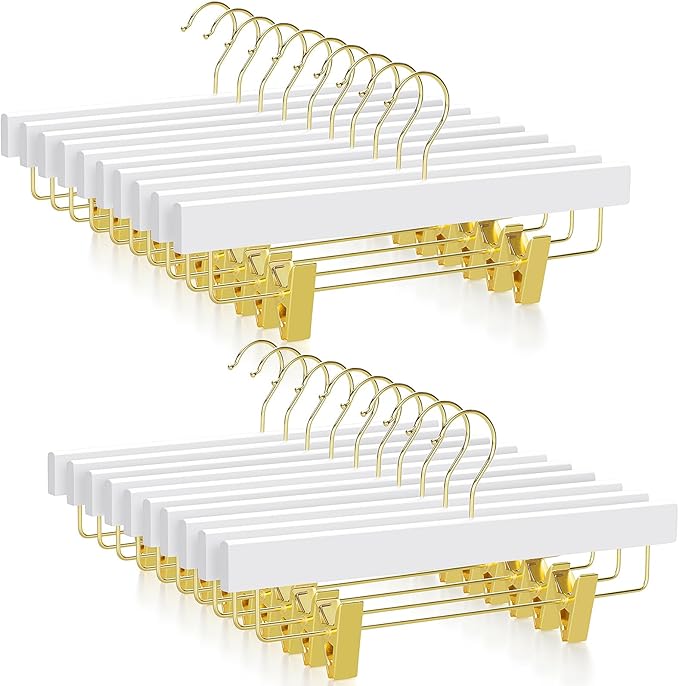 TOPIA HANGER White Wooden Pants Hangers with Gold Clip, 20 Pack Skirt Short Trousers Jeans Slacks Hangers with 360 Swivel Hook and Adjustable Clip with Rubber Padded for Closet, CT50WG20