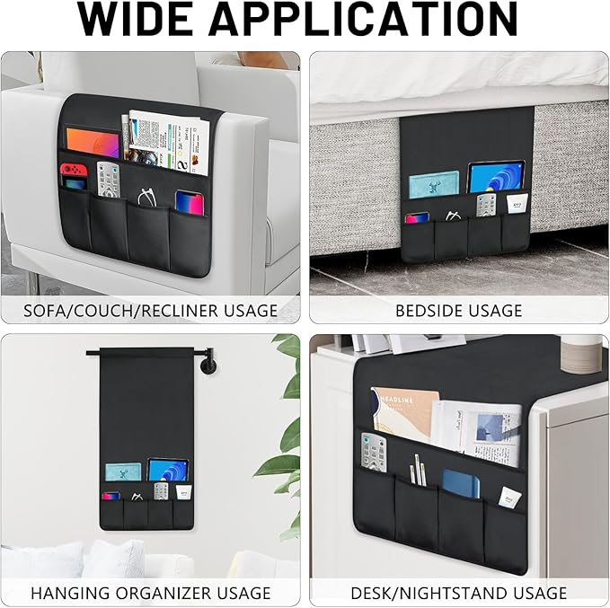 TV Remote Control Holder Couch Caddy, Non-slip Bedside Caddy Organizer with 5 Pockets for Key Glasses Phone Magazine Holders (Black, 35''x18'')