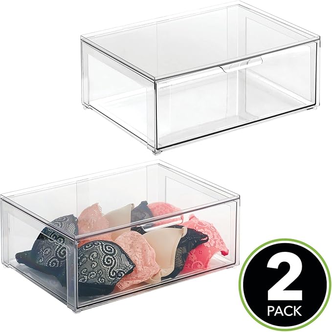 mDesign Plastic Stackable Closet Storage Organizer Bin Containers with Front Pull Drawer for Cabinet, Desk, Shelf, Cupboard, or Dresser Organization - Lumiere Collection - 2 Pack - Clear