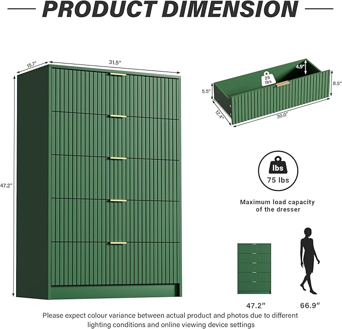 Green Dresser for Bedroom, Modern Dresser with 5 Drawers and Smooth Slides, Wide Chest of Drawers with Golden Handles for Bedroom, Living Room, Closet, 15.7" D x 31.5" W x 47.2" H