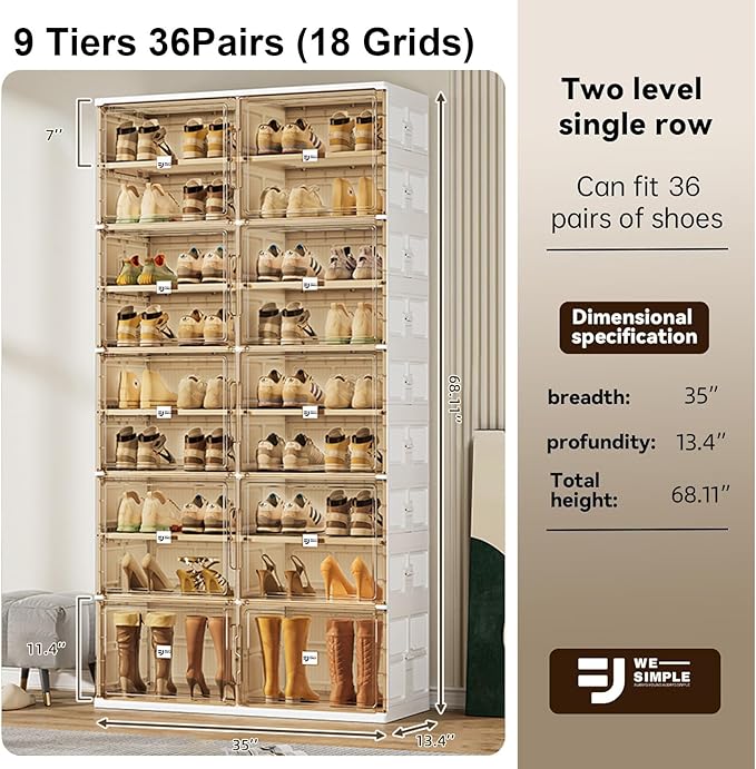 36 Pairs Shoes Storage Cabinet of 3-Step Fast Installation,Plastic Shoe Rack with Clear Magnetic Door for Display, Shoe Organizer for Sneaker, Sandals, Heels (2 Row, 9 Tier)