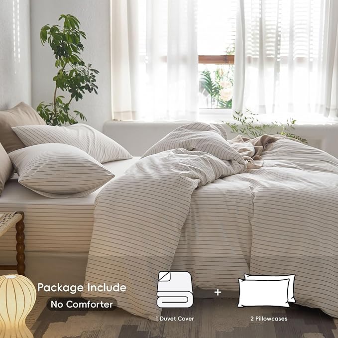MooMee Striped Duvet Cover Set 100% Washed Cotton Linen Like Textured Breathable Durable Soft Comfy (White Tannish Linen Grey Wide Stripes, Full 80"x90")
