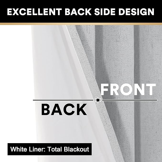 PrinceDeco Linen Blackout Curtains 84 Inches Long 100% Completely Blackout Window Treatment Thermal Insulated with White Liner Grommet Linen Textured Curtains for Living Room, 2 Panels, Glacier Grey