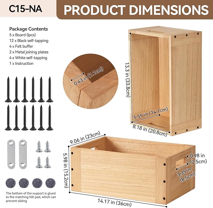 KIRIGEN Stackable Wood Storage Cube /Basket/ Bins Organizer for Home Books Clothes Toy - Modular Open Cubby Storage System - Office Bookcase shelves C15-NA