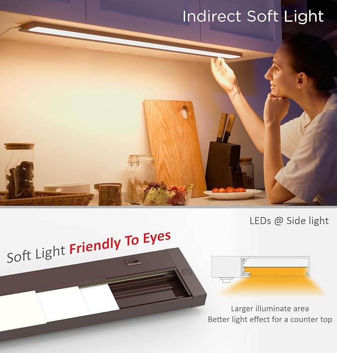 24 Inch Under Cabinet Lighting Plug in, 14W 120V 3 Color 3000K/4000K/5000K, 3 Brightness, Super Bright, Ultra Thin Under Counter Lights for Kitchen, Linkable LED Cabinet Light, Bronze