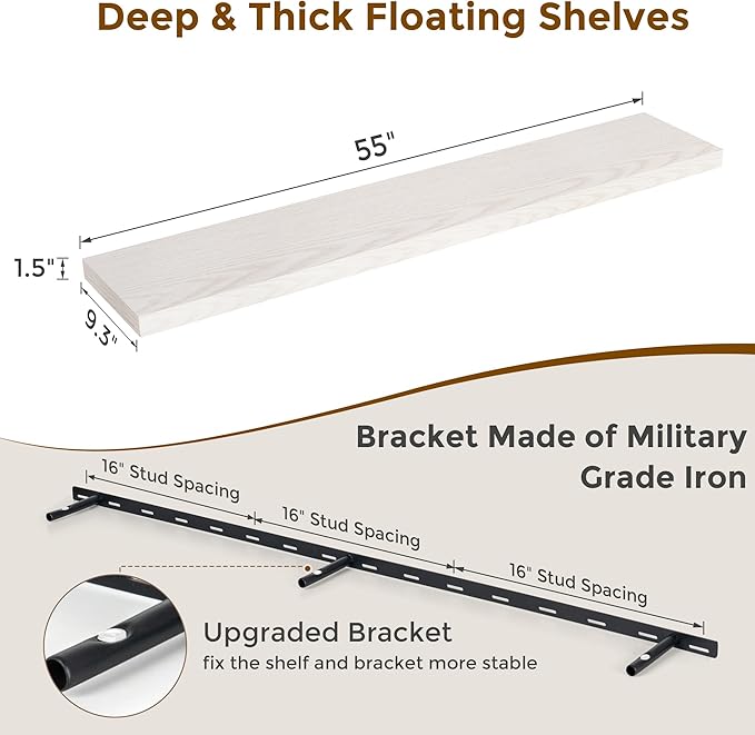 Fun Memories 55 Inch Floating Shelves for Wall, 55x9.3 Large Floating Shelf for Bedroom, Kitchen, Bathroom, Wall Mounted Rustic Wood Shelves with Invisible Bracket for Books, Decor, Brich