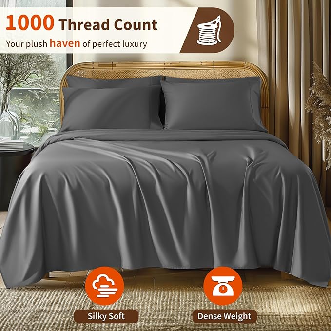 LBRO2M 1000 Thread Count 100% Egyptian Cotton Sheets Set 6 Piece Sets California King Bed Sheet Deep Pocket Sheet Set 16" Soft Comfortable All Season (California King, Dark Gray)