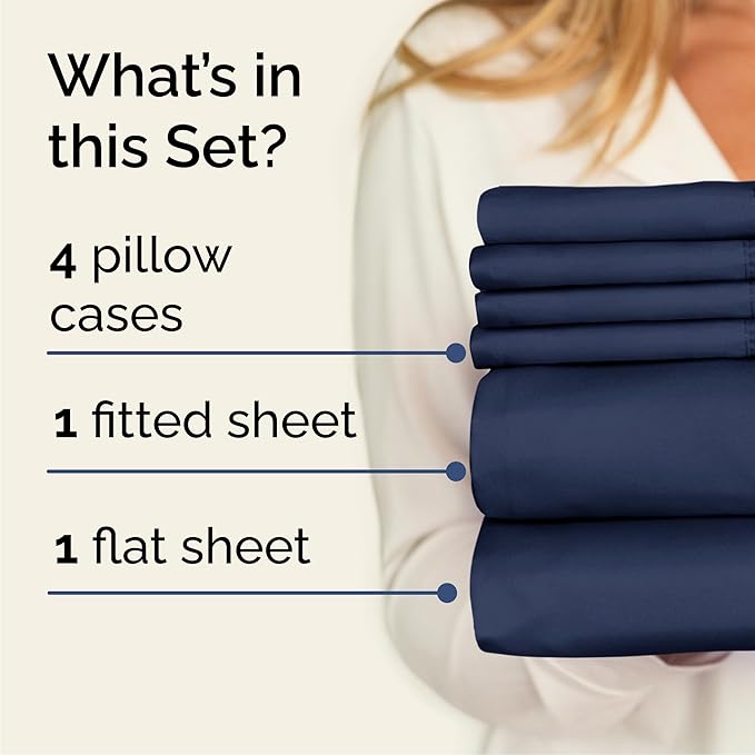Queen 6 Piece Sheet Set - Cooling, Comfy & Breathable - Hotel Luxury Bedding, Includes Fitted Sheet for Women, Men, Kids & Teens - 1 Flat, 1 Fitted Sheet, 4 Pillowcases with Deep Pockets - Navy Blue