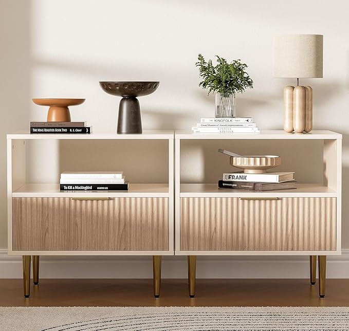 Nightstand Set of 2, Modern Nightstand with Drawer, End Table with Storage, Bed Side Table with Open Space, for Bedroom, Side Table for Bedroom, Living Room, Oak