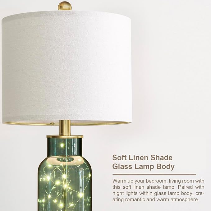 Oneach 22" Glass Table Lamps Set of 2, Green Modern Bedside Lamp with LED Night Light for Living Room, Nightstand Lamp with USB Ports for Bedrooms, Study Room, End Table(2 Bulbs Included)