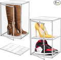 2 Pcs Shoe Display Case, XX-Large Tall Boot Storage Box Transparent Handbag Organizer for Closet Acrylic Shoe Box Clear Plastic Stackable Sneaker Collectibles Case with Detachable Divider