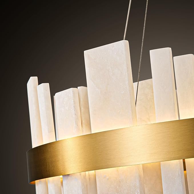 Alabaster Round Chandelier, Natural Spanish Stone Texture Chandeliers, 31.5" Adjustable Alabaster Chandelier Over Table for Living Room, Bedroom, Hallway – Modern Luxury Ceiling Lighting