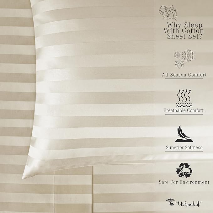 URBANHUT 800 Thread Count 100% Cotton Damask Twin Size Sheets, 4 Piece Striped Twin Size Bedsheets, Luxury Hotel Sheets Sateen Weave - Better Than Egyptian, 14" Elasticized Deep Pocket- Ivory