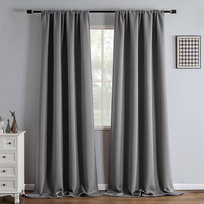 Blackout Curtains 90 Inch Length 2 Panels Set, Black Out Curtains for Bedroom 90 Inch Long, Rod Pocket Energy Saving Room Darkening Drapes for Living Room Window Light Grey(W52 x L90)