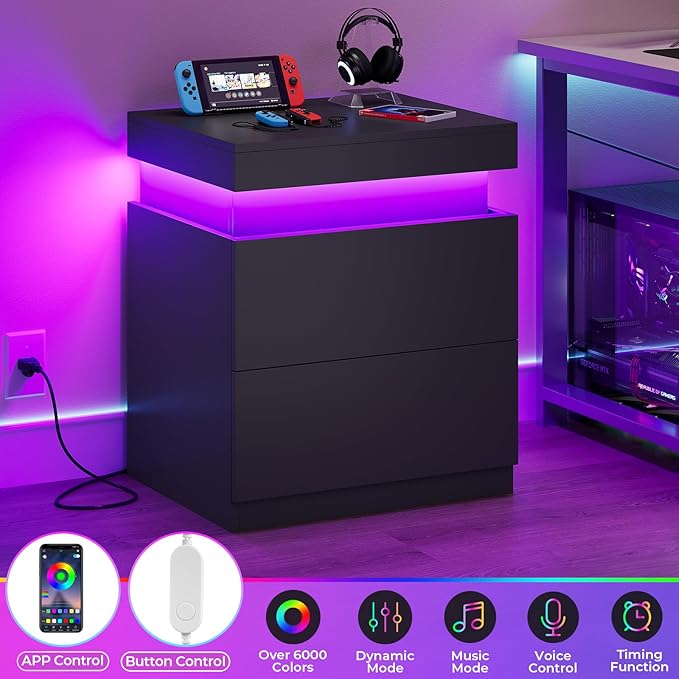 ADORNEVE Black Nightstand with Charging Station and LED Lights,Night Stand with Sliding Top,Bedside Table with Drawers,Modern End Side Table for Bedroom