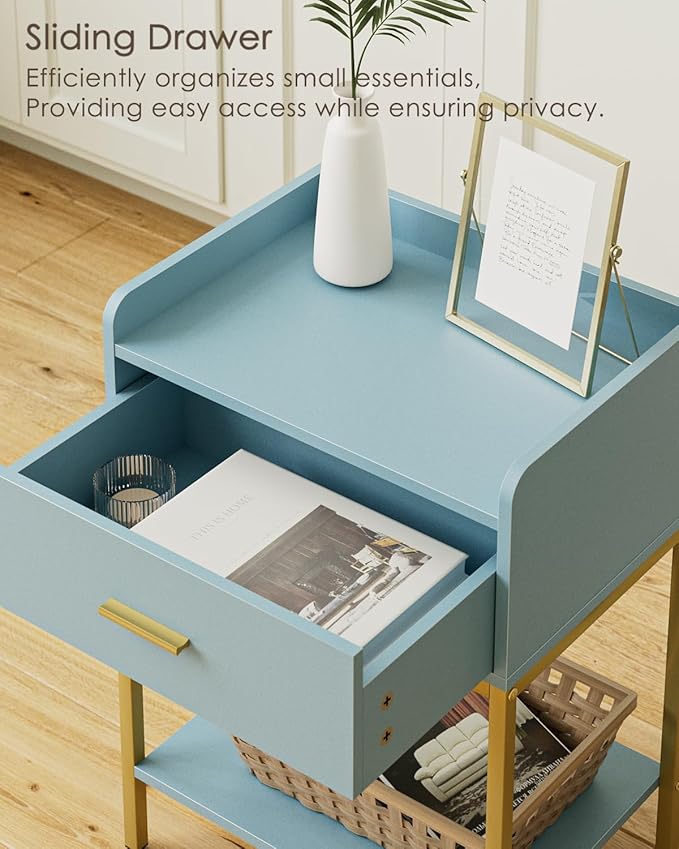 Masupu Nightstand,Bedside Table 3-Tier Modern Night Stand with Storage Drawer and Shelf,Small End Side Table for Bedroom,Living Room,Black (Without Outlet, Blue)